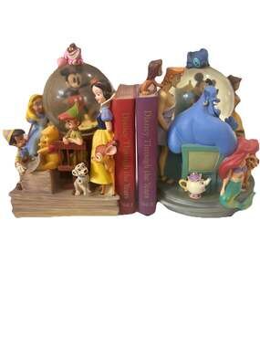 Wonderful World of Disney Snow Globe Set of 2 Music Book Ends w Box RARE Retired